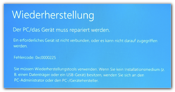 Wiederherstellung: Der PC/das Gerät muss repariert werden. Die Anwendung oder das Betriebssystem konnte nicht geladen werden, da eine erforderliche Datei fehl oder Fehler enthält