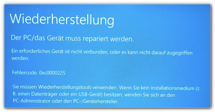 Wiederherstellung: Der PC/das Gerät muss repariert werden. Ein erforderliches Gerät ist nicht verbunden...