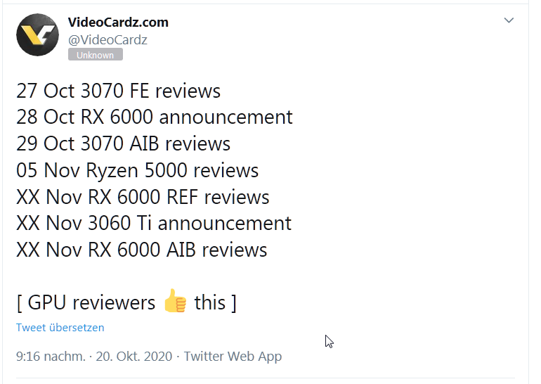 2020-10-20 21_46_30-(19) VideoCardz.com auf Twitter_ _27 Oct 3070 FE reviews 28 Oct RX 6000 an...png