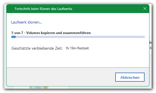 Acronis: Laufwerk klonen, Fortschritt