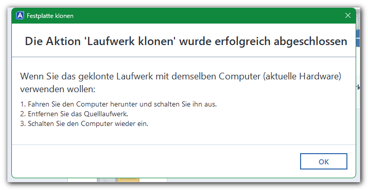 Acronis: Die Aktion Laufwerk klonen wurde erfolgreich abgeschlossen