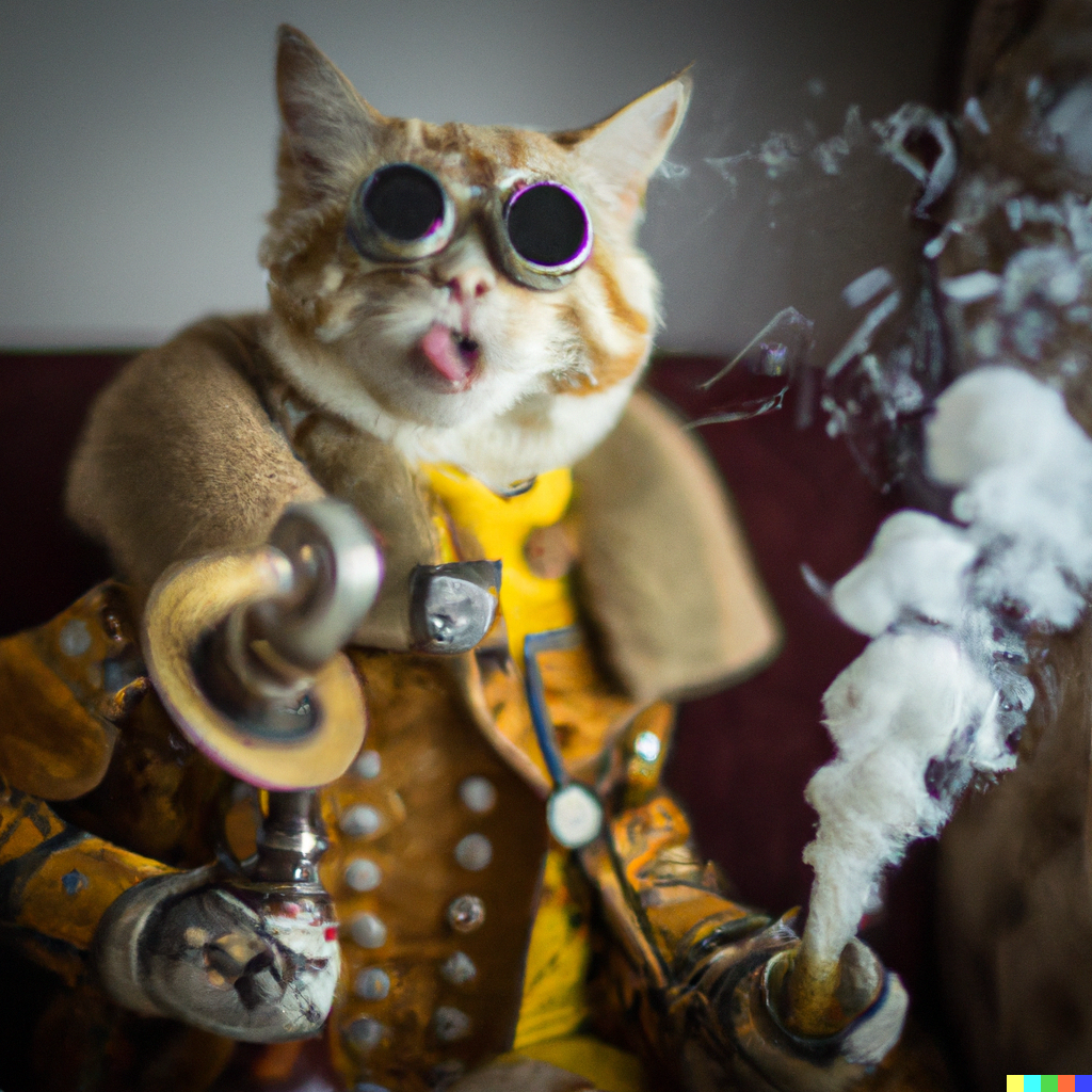 DALL·E 2022-10-25 18.33.45 - A cat with a steampunk jacket made of cheese and smoking a bong, ...png