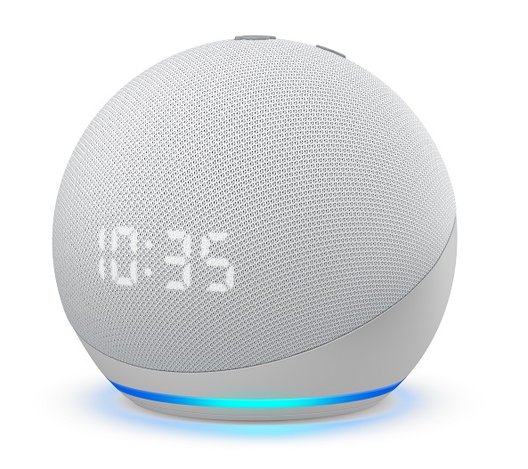 Echo Dot with clock, Glacier White, Side.jpg