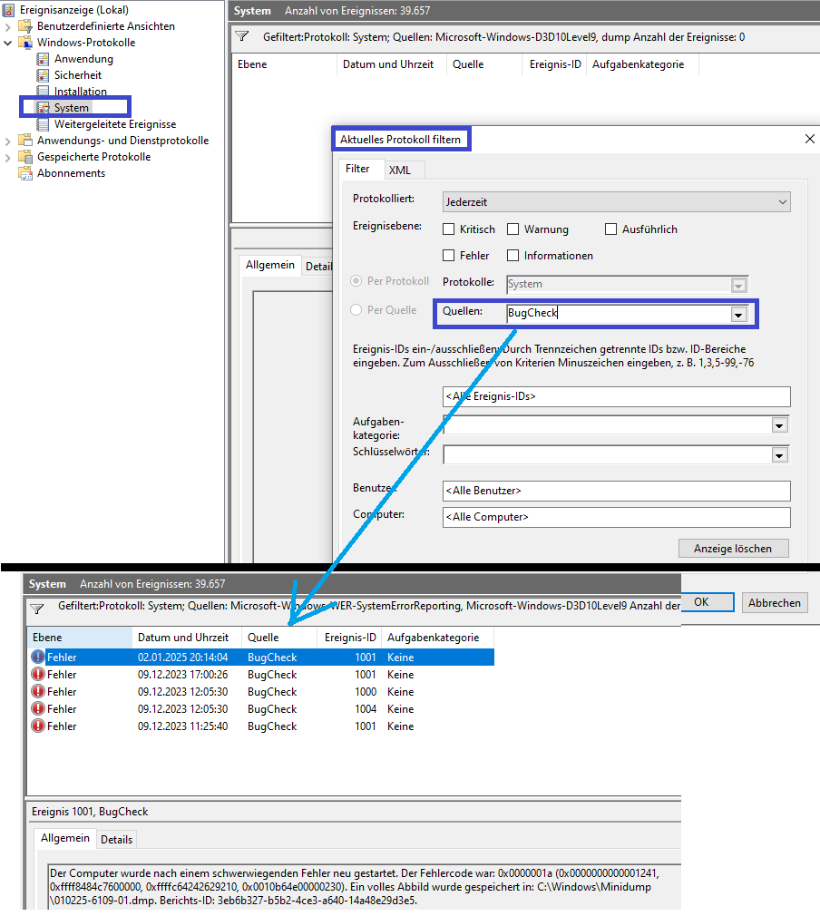 Ereignisanzeige_Filter_BugCheck_Windows-10-22H2_2025-01-26.png
