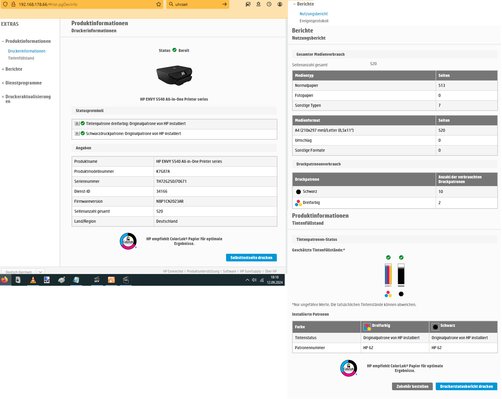 HP Envy 5540 - Webinterface; Druckerstatusbericht, Tintenfüllstand, Seitenzahl etc.