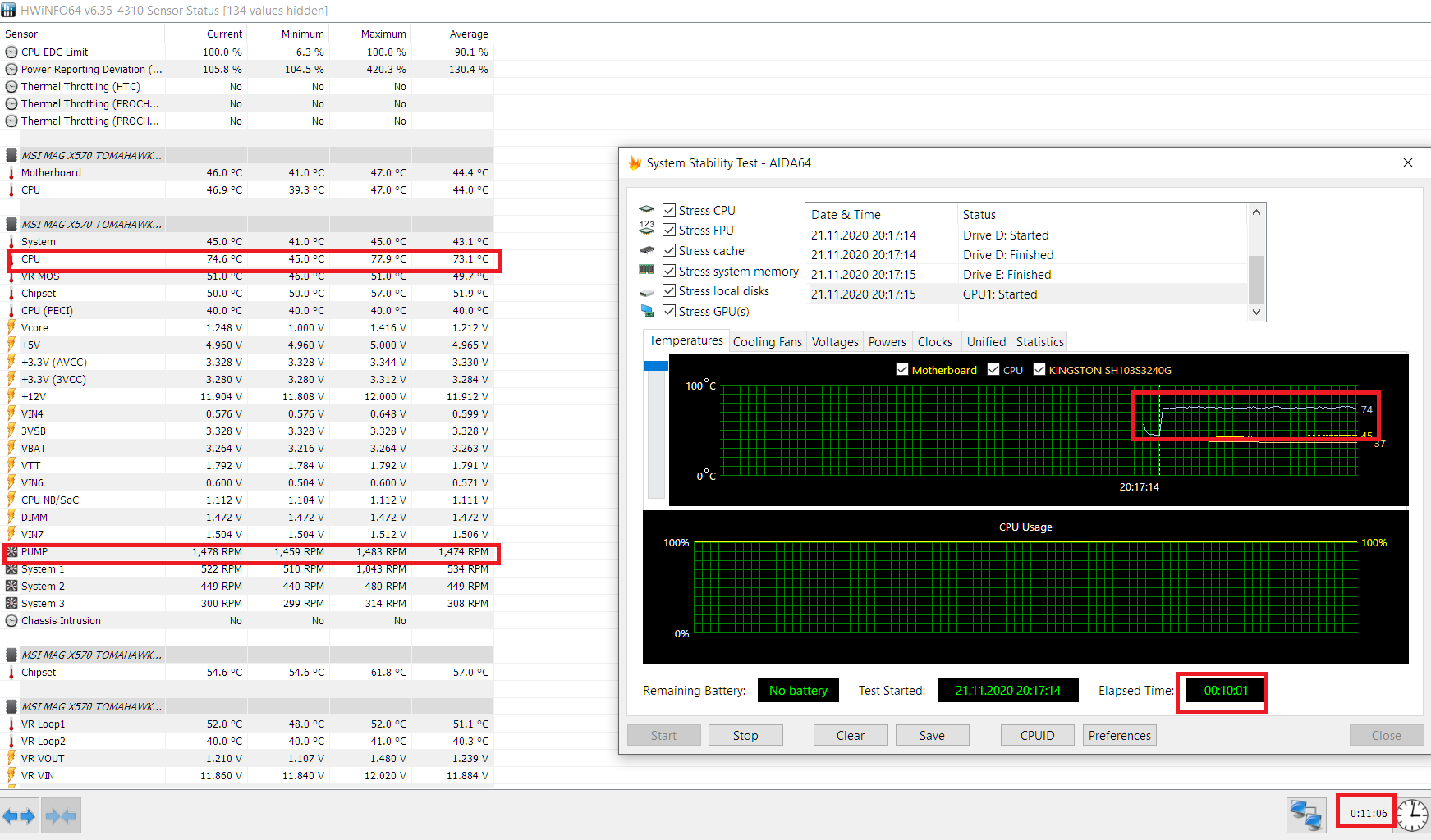 Temperaturen Ryzen 9 5900x Pumpe 100% fans 100% ( Pump fan header ) Gehäuse  Offen.png